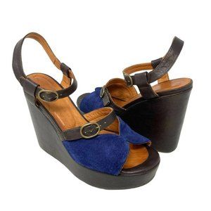 Chie Mihara Blue Suede Brown Leather Open Toe Wedge Sandals - Size 8